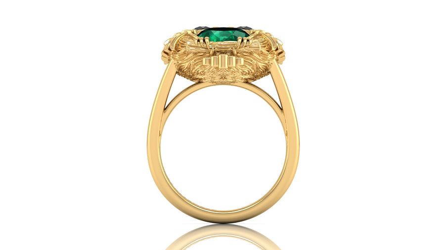 Gold ring with a green gemstone on a white background
