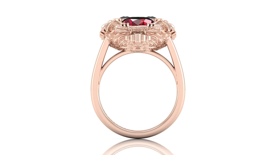 Rose gold ring with a ruby gemstone on a white background