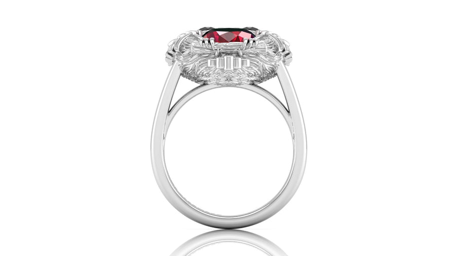 White Gold ring with a ruby gemstone on a white background