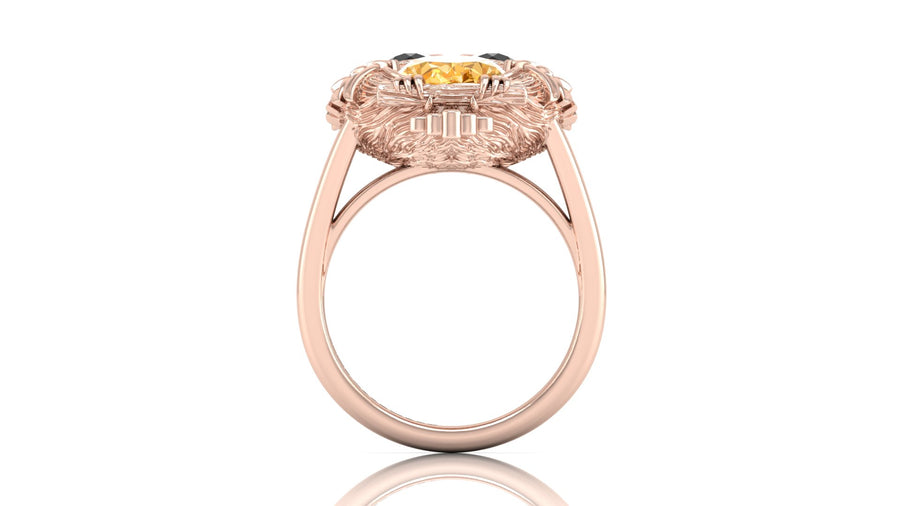 Rose gold ring with a yellow sapphire gemstone on a white background