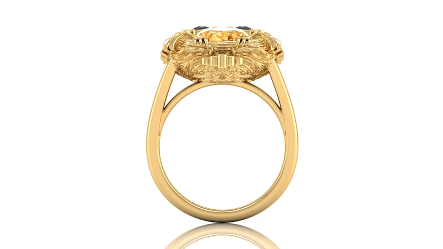 Gold ring with a yellow sapphire gemstone on a white background