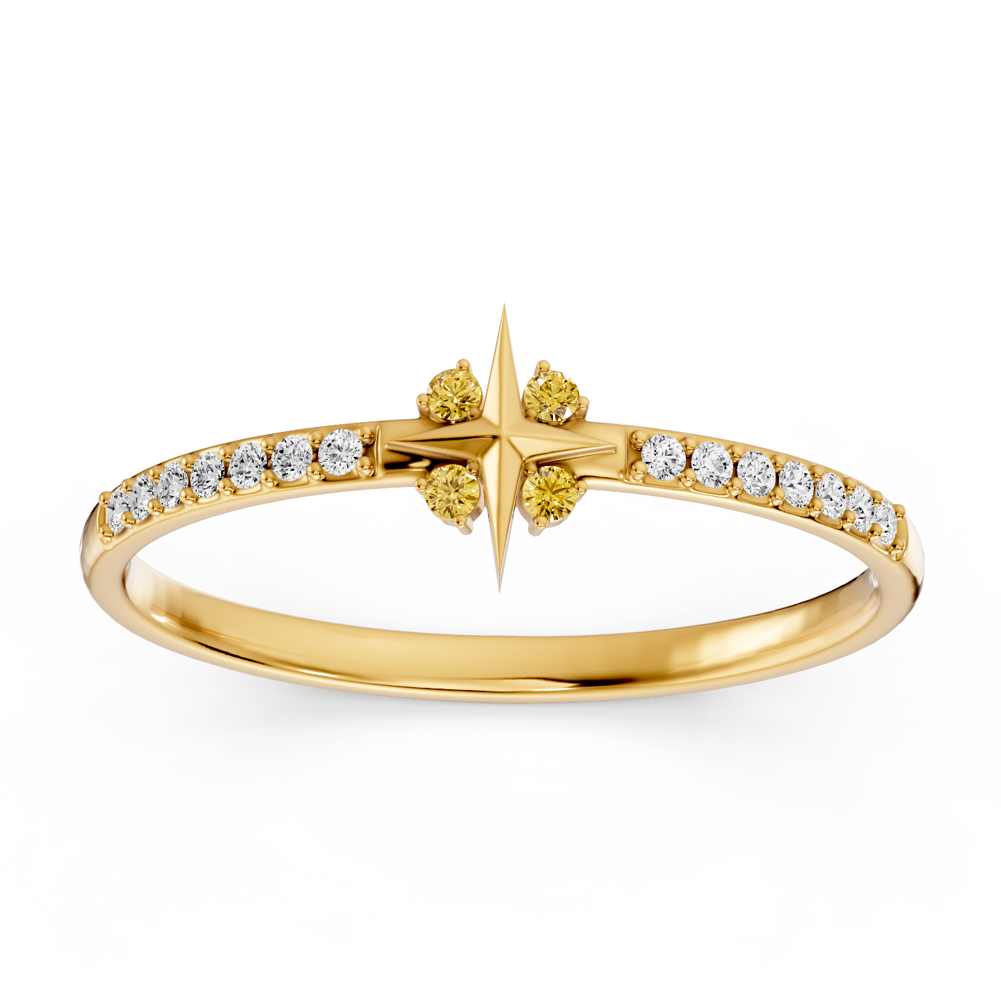 A yellow gold ring featuring a central four-pointed star motif accented with small yellow sapphire gemstones, flanked by pavé-set clear diamonds along the band, shown on a clean white background.
