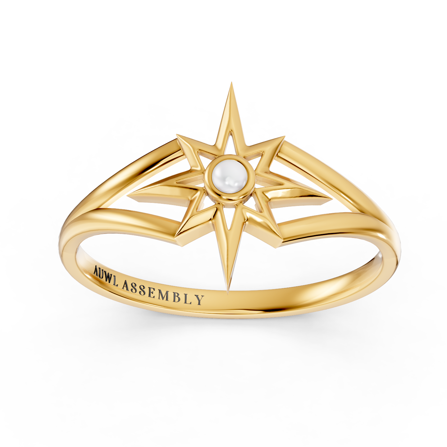 A yellow gold ring featuring a geometric starburst design with a central white pearl, shown on a clean white background. The inside of the band is engraved with the brand name 'AUWL ASSEMBLY'.