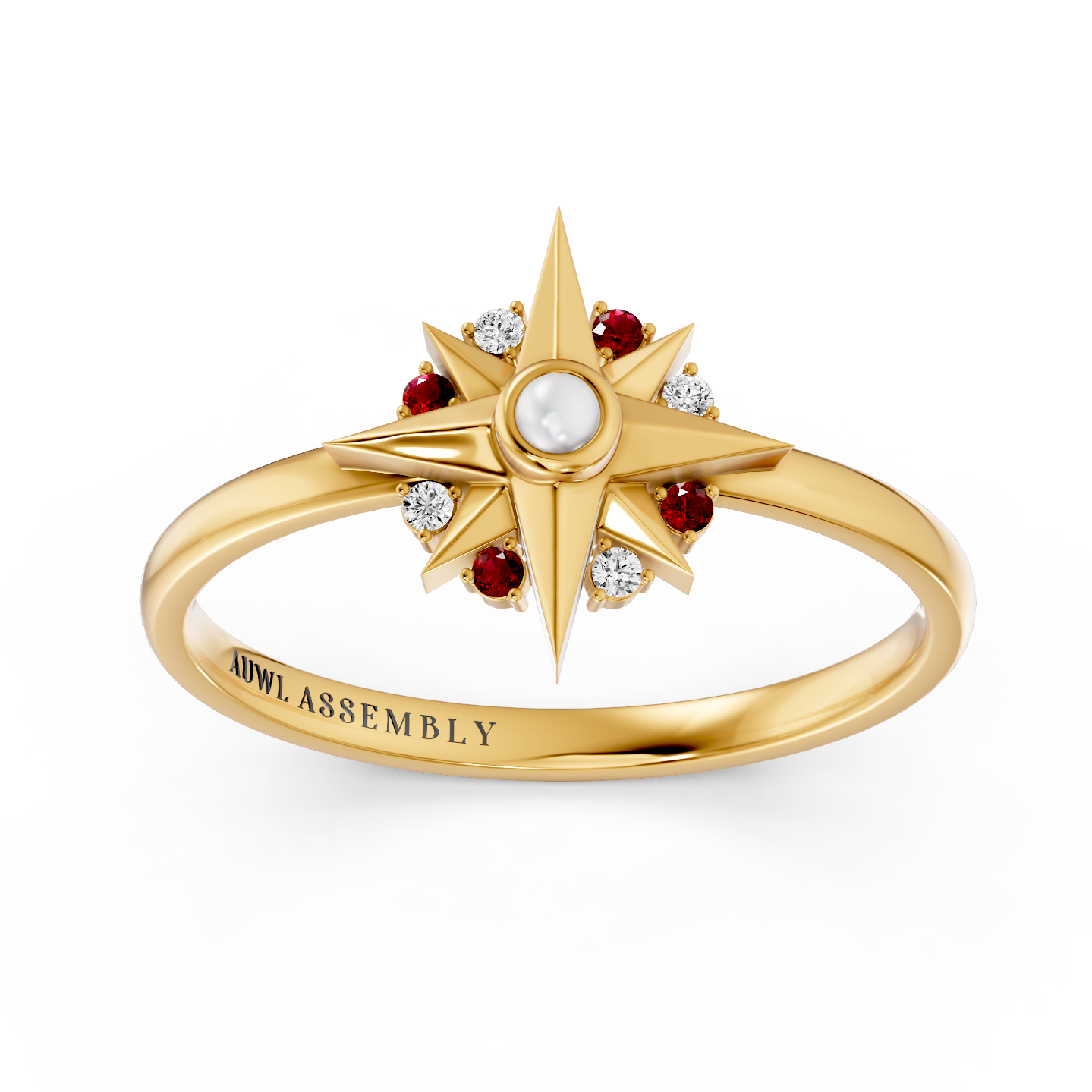 A Yellow gold starburst ring featuring a central white pearl, surrounded by small clear diamonds and ruby gemstones, with 'AUWL ASSEMBLY' engraved on the band, set against a plain white background.