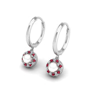Pearl-Ruby Hoop Earrings in Round Cut 18k white gold, Zodiac Birthstone Ring, designed for women, perfect astrology jewelry from Celestial Vibe collection at AUWL assembly