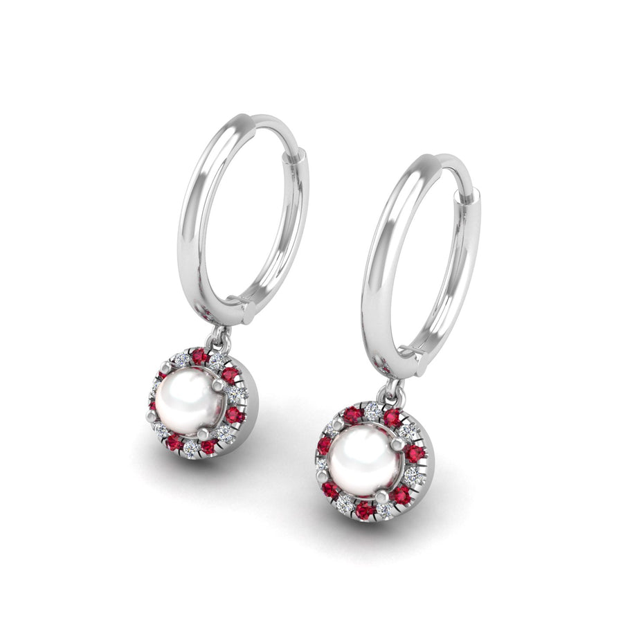 Pearl-Ruby Hoop Earrings in Round Cut 18k white gold, Zodiac Birthstone Ring, designed for women, perfect astrology jewelry from Celestial Vibe collection at AUWL assembly