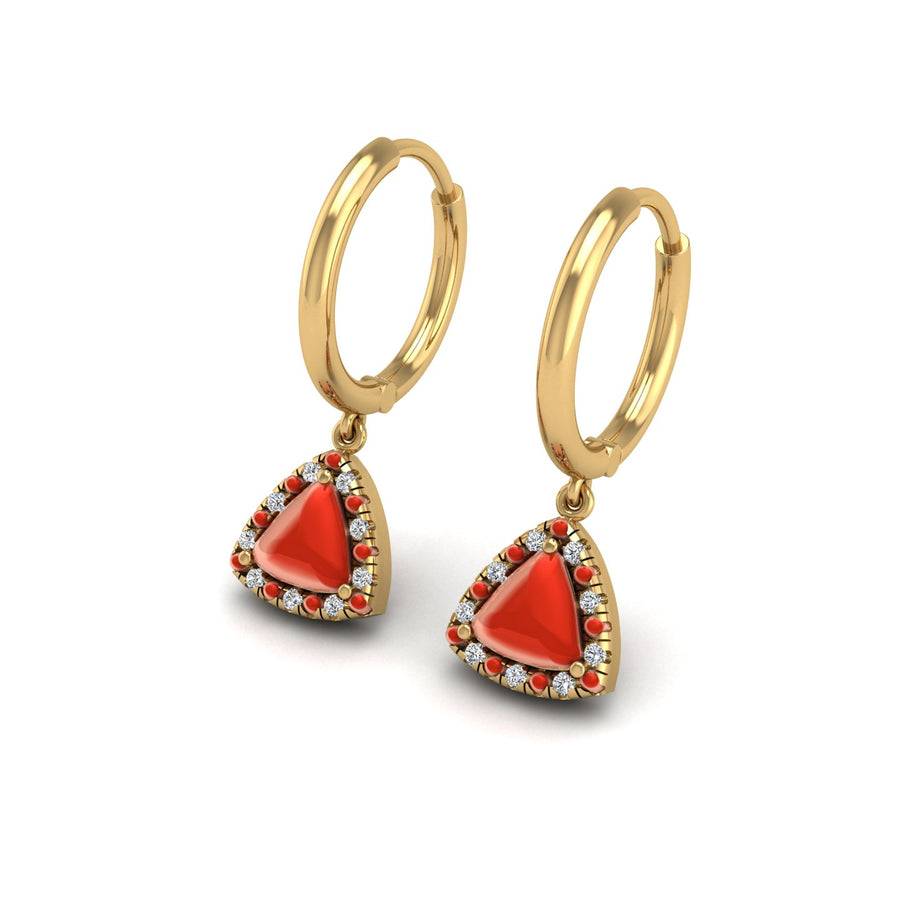 Red Coral Hoop Earrings in Trillion Cut 18k yellow gold, Zodiac Birthstone Ring, designed for women, perfect astrology jewelry from Celestial Vibe collection at AUWL assembly