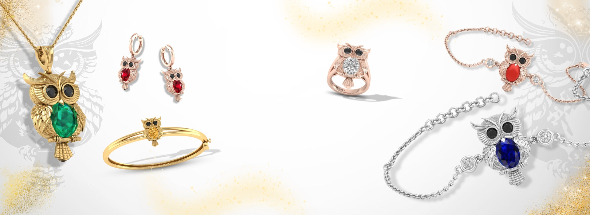 Pechaka Owl Collection featuring luxury gold rings, earrings, pendant, bracelet and bangle by AUWL Assembly.