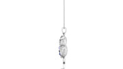 white gold pendant with a clear blue sapphire gemstone in the centre, on a white background
