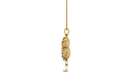 A gold pendant necklace featuring a detailed owl figure with a small dark blue stone accent, hanging from a gold chain against a plain white background.
