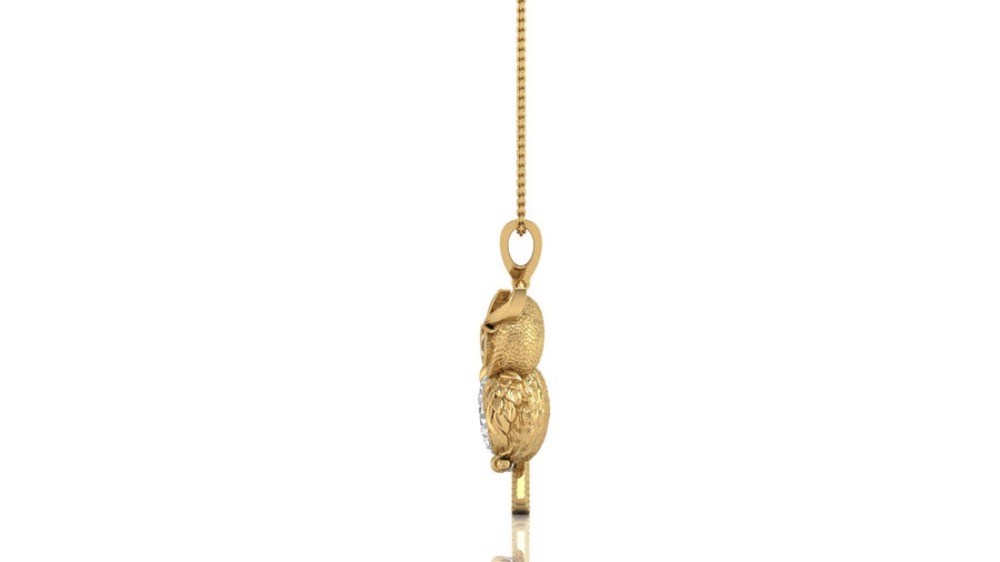 A gold diamond pendant necklace featuring a textured, sculpted animal figure hanging from a delicate gold chain, shown against a plain white background with a faint reflection below.