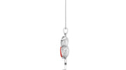 A white gold pendant necklace featuring a stylized, textured owl with a small red coral accent, suspended from a delicate silver chain against a white background.
