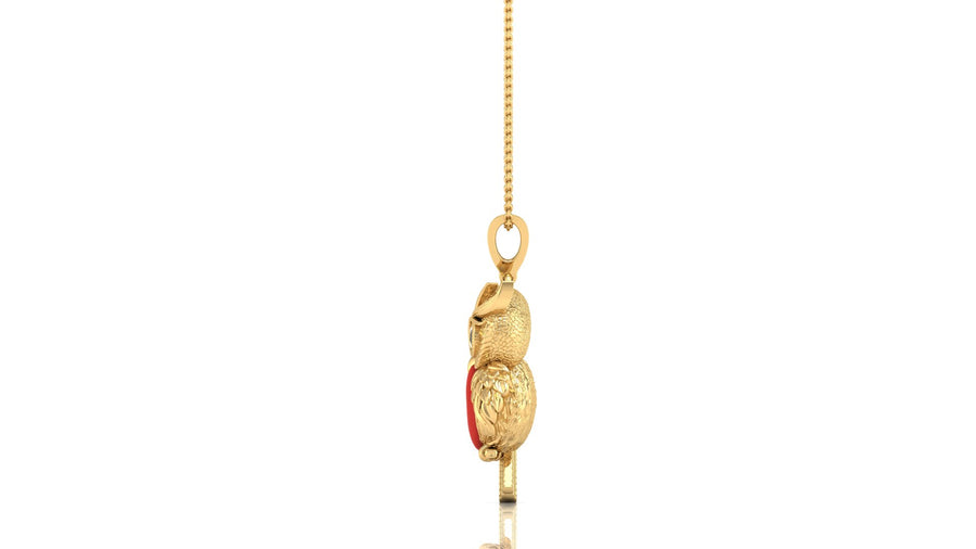A gold pendant necklace featuring a textured design with a small red coral centrestone on the lower gourd, suspended from a fine gold chain against a white background.