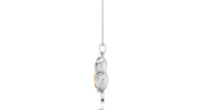 A white gold pendant necklace featuring a detailed owl design with a small gold accent, hanging from a delicate silver chain against a plain white background.