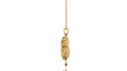 A gold pendant shaped like a stylized bird or Owl with a textured finish, hanging from a gold chain against a plain white background.