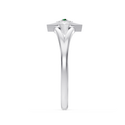 A white gold diamond ring with a square-shaped diamond setting and a small green emerald-cut center stone, shown against a plain white background.