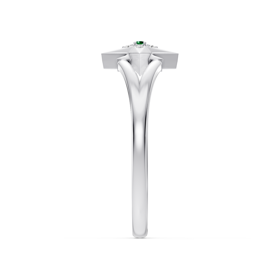 A white gold diamond ring with a square-shaped diamond setting and a small green emerald-cut center stone, shown against a plain white background.