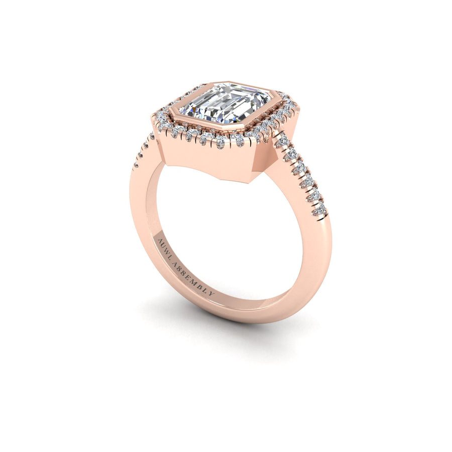 Diamond Halo Ring in Emerald Cut 18k rose gold, Zodiac Birthstone Ring, designed for women, perfect astrology jewelry from Celestial Vibe collection at AUWL Assembly