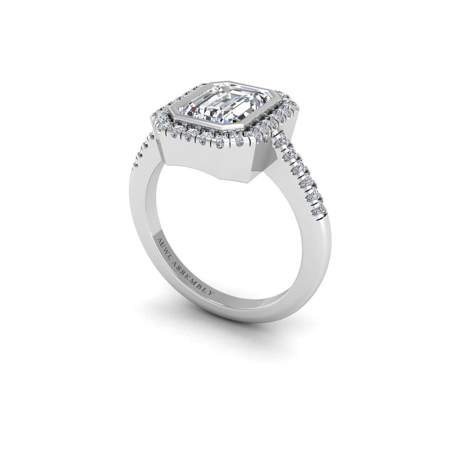 Diamond Halo Ring in Emerald Cut 18k white gold, Zodiac Birthstone Ring, designed for women, perfect astrology jewelry from Celestial Vibe collection at AUWL Assembly