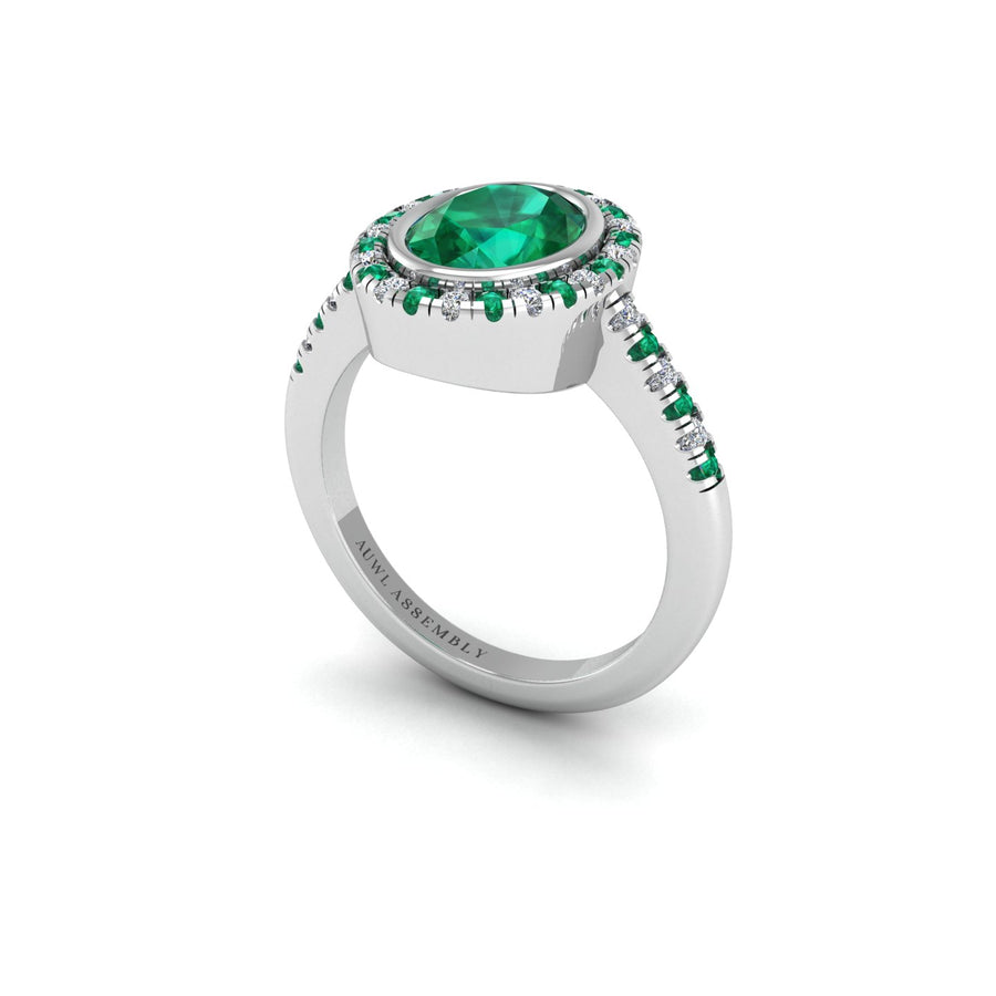 Emerald Halo Ring in Oval Cut 18k white gold, Zodiac Birthstone Ring, designed for women, perfect astrology jewelry from Celestial Vibe collection at AUWL Assembly