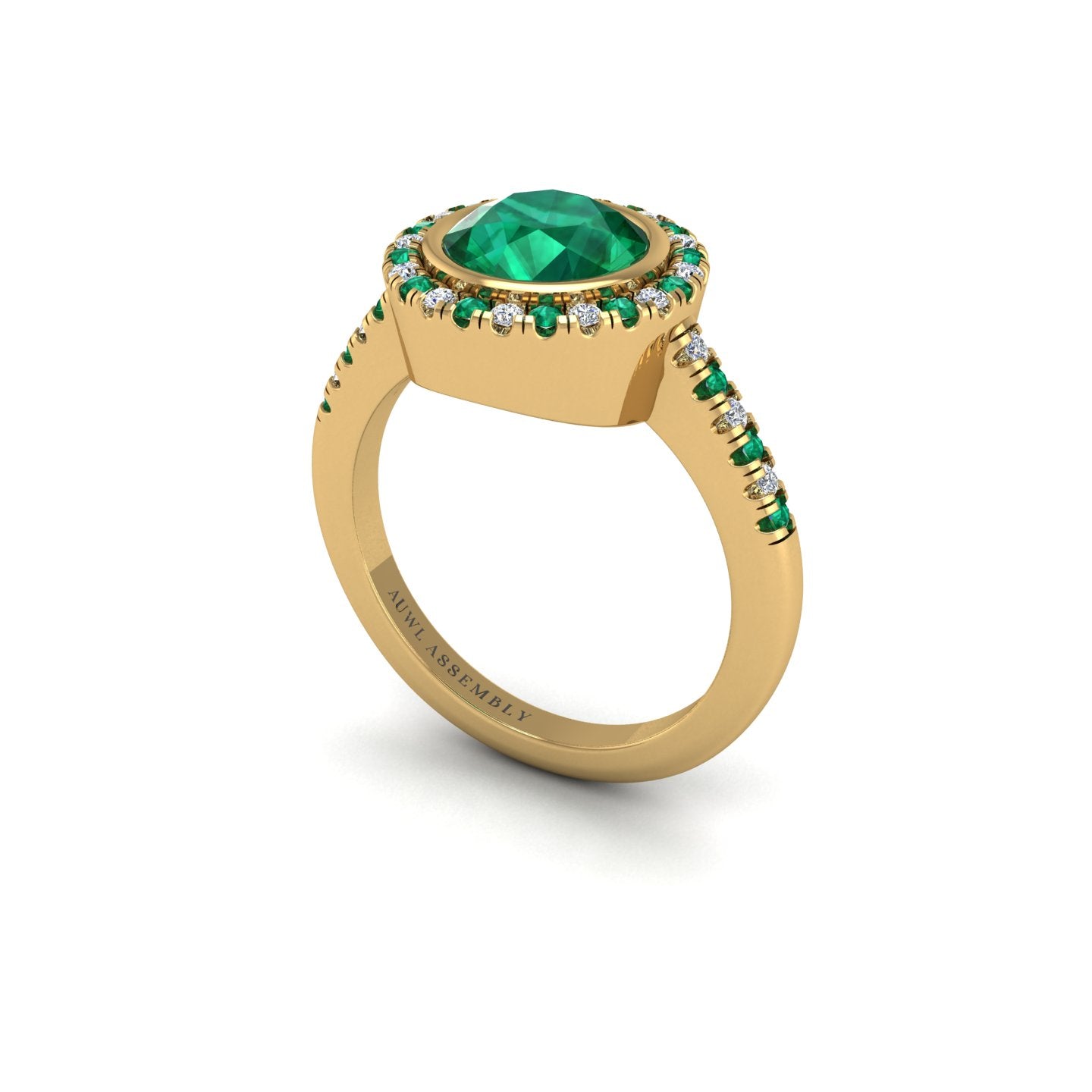 Emerald Halo Ring in Round Cut 18k yellow gold, Zodiac Birthstone Ring, designed for women, perfect astrology jewelry from Celestial Vibe collection at AUWL Assembly