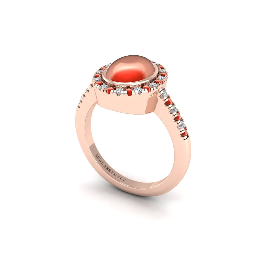 Red Coral Halo Ring in Oval Cut 18k rose gold, Zodiac Birthstone Ring, designed for women, perfect astrology jewelry from Celestial Vibe collection at AUWL Assembly