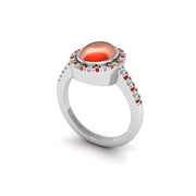 Red Coral Halo Ring in Oval Cut 18k white gold, Zodiac Birthstone Ring, designed for women, perfect astrology jewelry from Celestial Vibe collection at AUWL Assembly