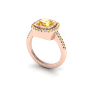 Yellow Sapphire Halo Ring in Cushion Cut 18k rose gold, Zodiac Birthstone Ring, designed for women, perfect astrology jewelry from Celestial Vibe collection at AUWL Assembly