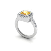 Yellow Sapphire Halo Ring in Cushion Cut 18k white gold, Zodiac Birthstone Ring, designed for women, perfect astrology jewelry from Celestial Vibe collection at AUWL Assembly