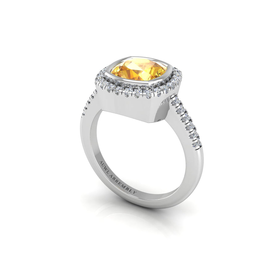 Yellow Sapphire Halo Ring in Cushion Cut 18k white gold, Zodiac Birthstone Ring, designed for women, perfect astrology jewelry from Celestial Vibe collection at AUWL Assembly