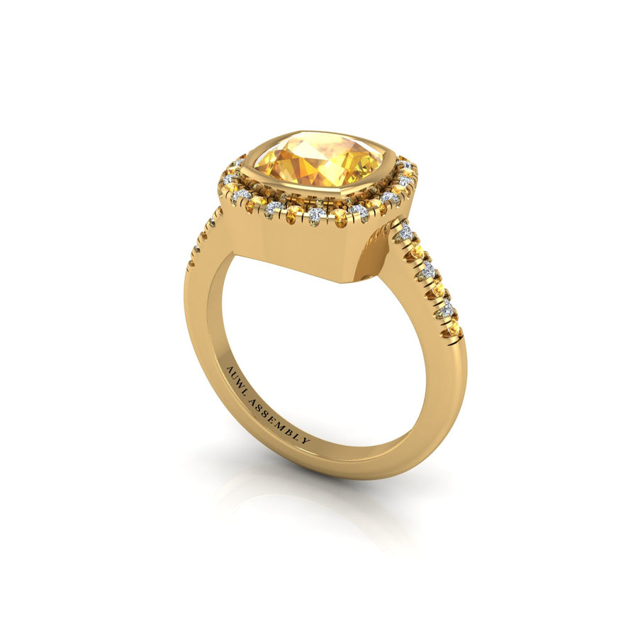 Yellow Sapphire Halo Ring in Cushion Cut 18k yellow gold, Zodiac Birthstone Ring, designed for women, perfect astrology jewelry from Celestial Vibe collection at AUWL Assembly