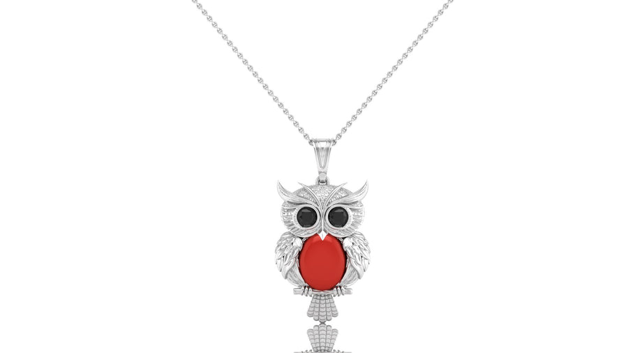 Mercuria - Pechaka Owl Pendant - Red Coral Oval