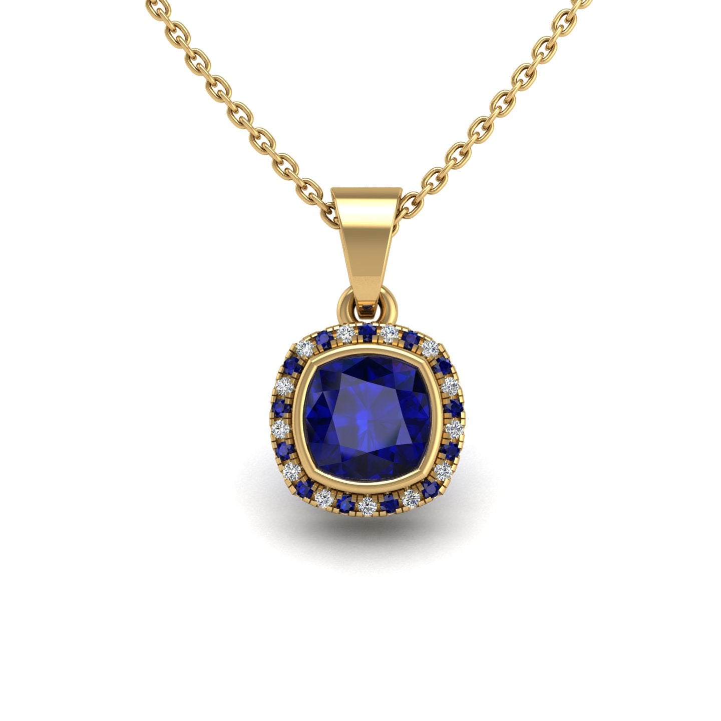 Gold blue sapphire cushion divine halo pendant center view