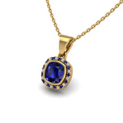 Gold blue sapphire cushion divine halo pendant