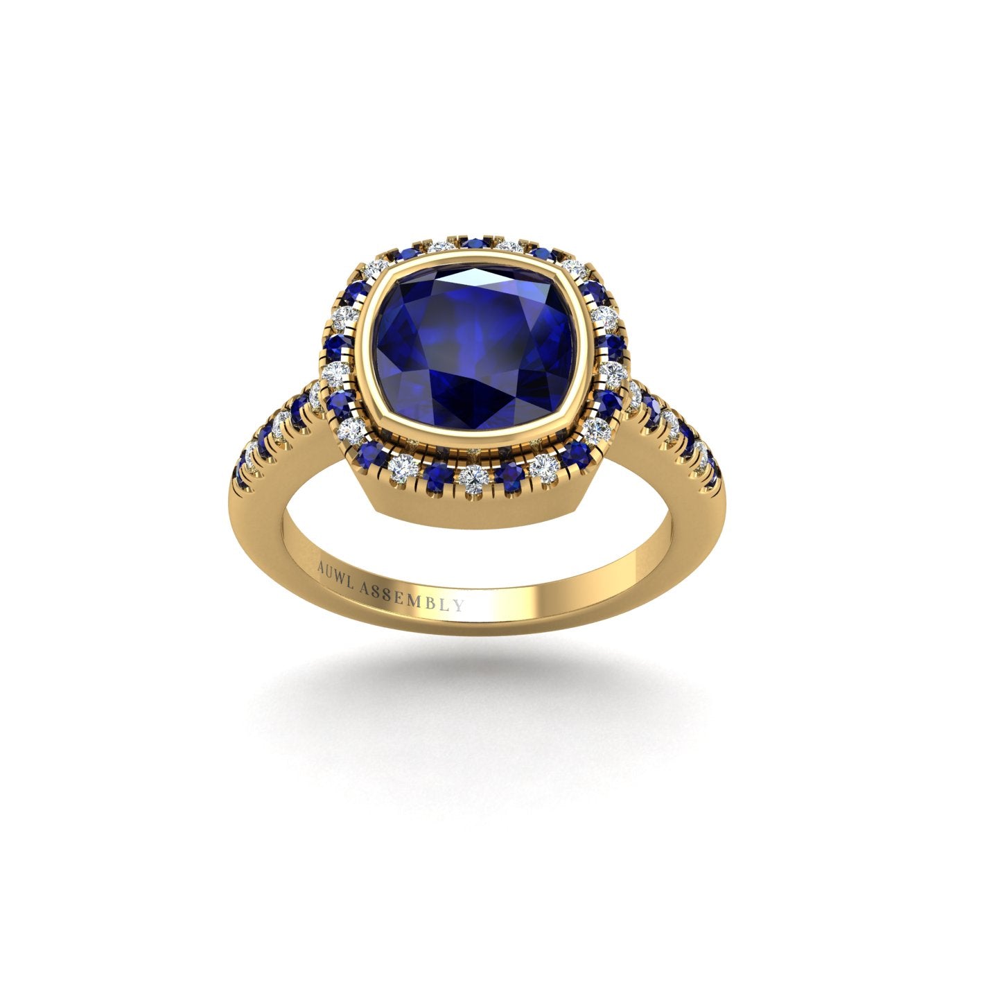Gold blue sapphire cushion halo ring front view
