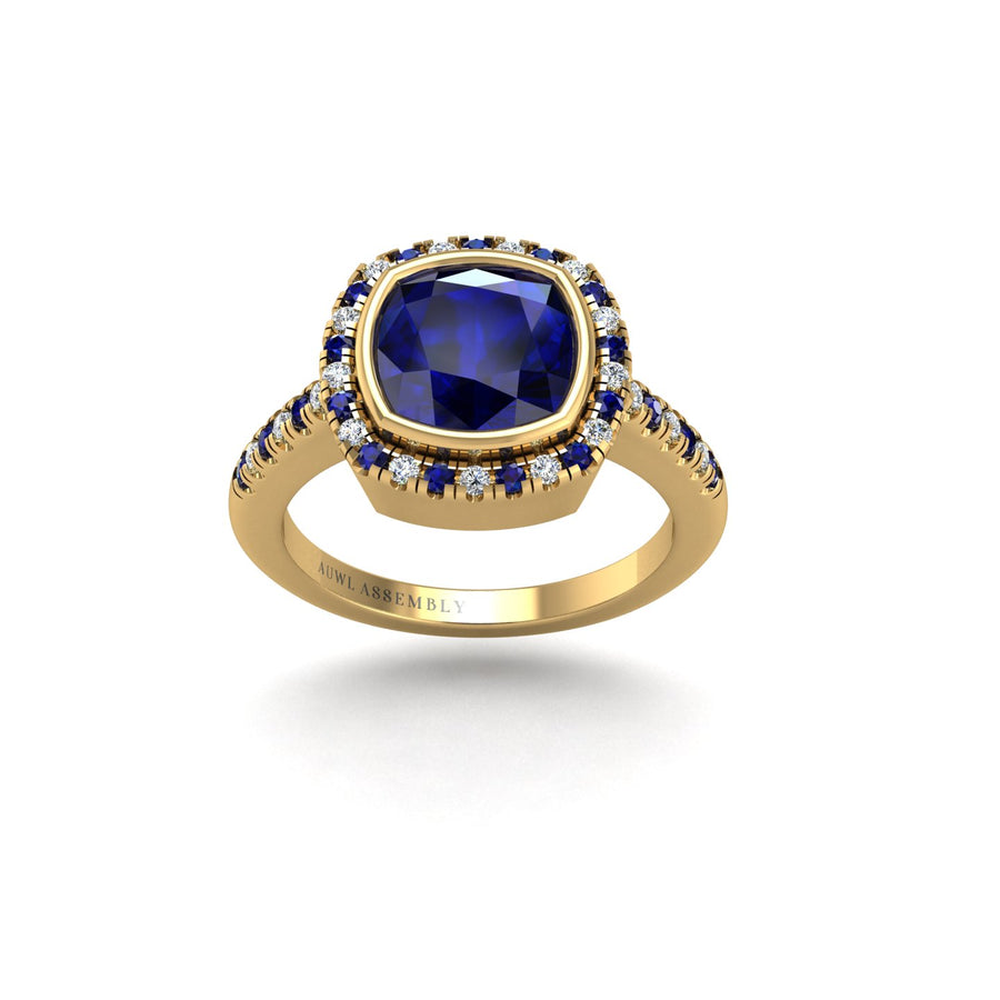 Gold blue sapphire cushion halo ring front view