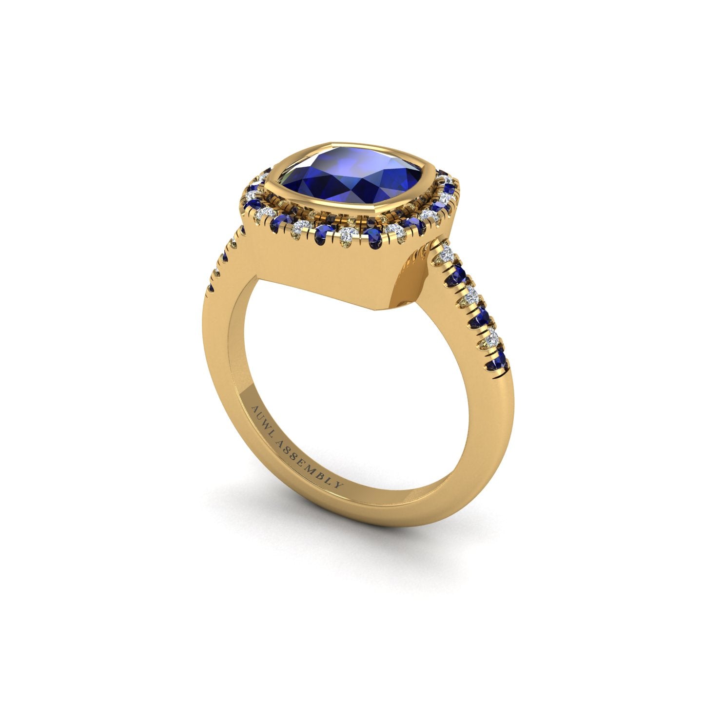 Gold blue sapphire cushion halo ring