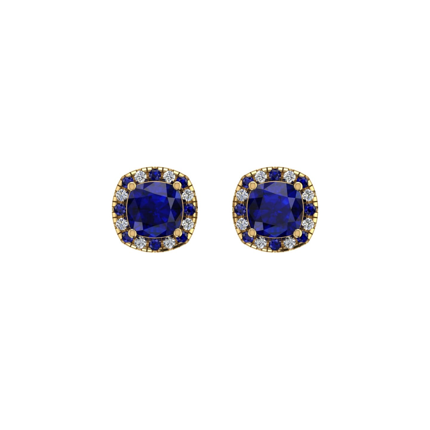 Gold blue sapphire cushion halo stud earrings front view
