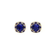Gold blue sapphire cushion halo stud earrings front view