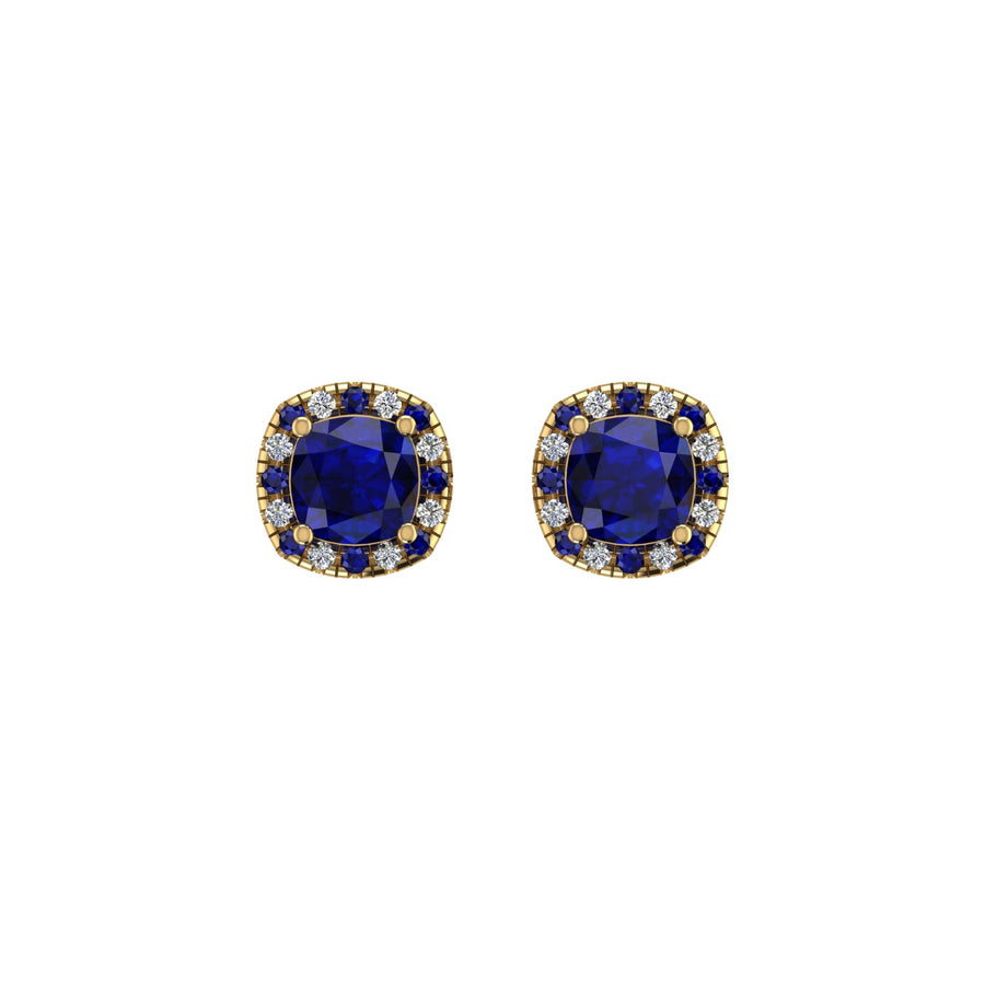 Gold blue sapphire cushion halo stud earrings front view