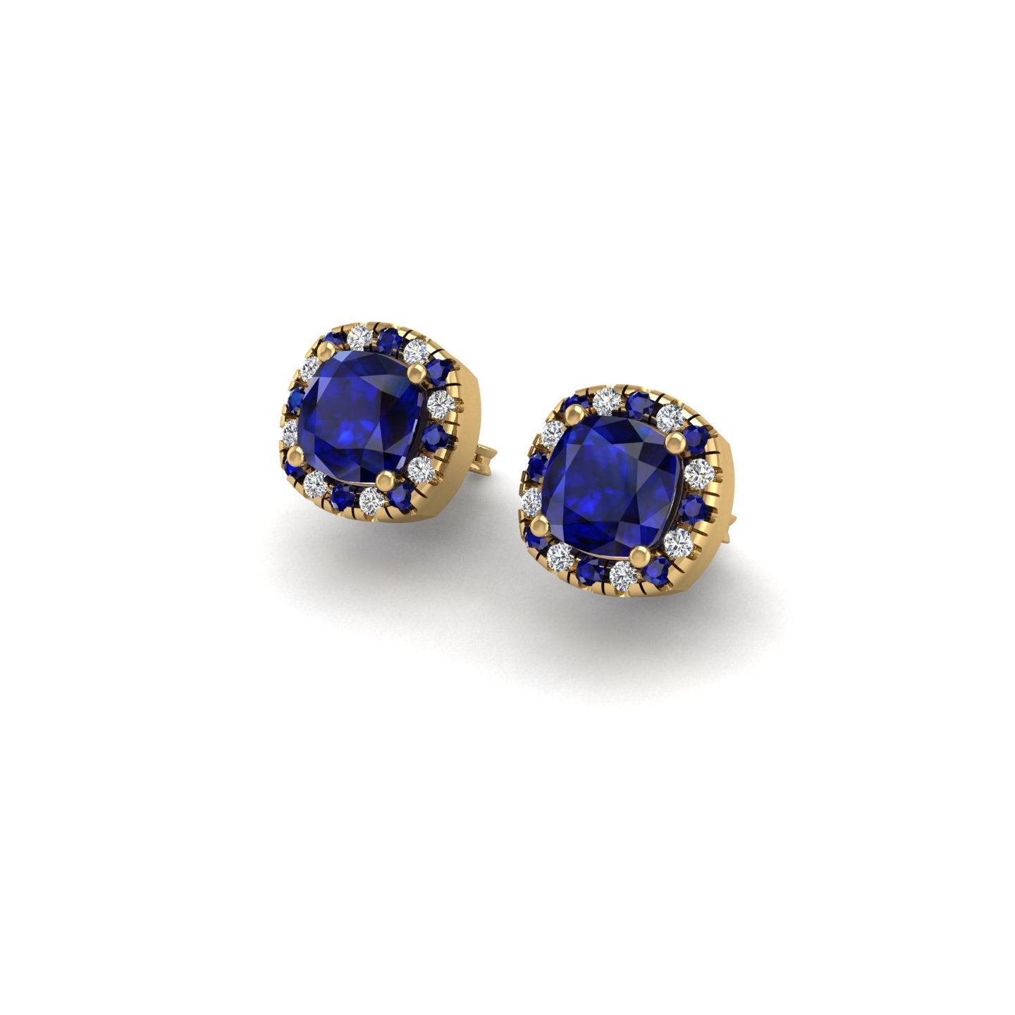 Gold blue sapphire cushion halo stud earrings
