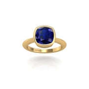 Gold blue sapphire cushion solitaire ring front view