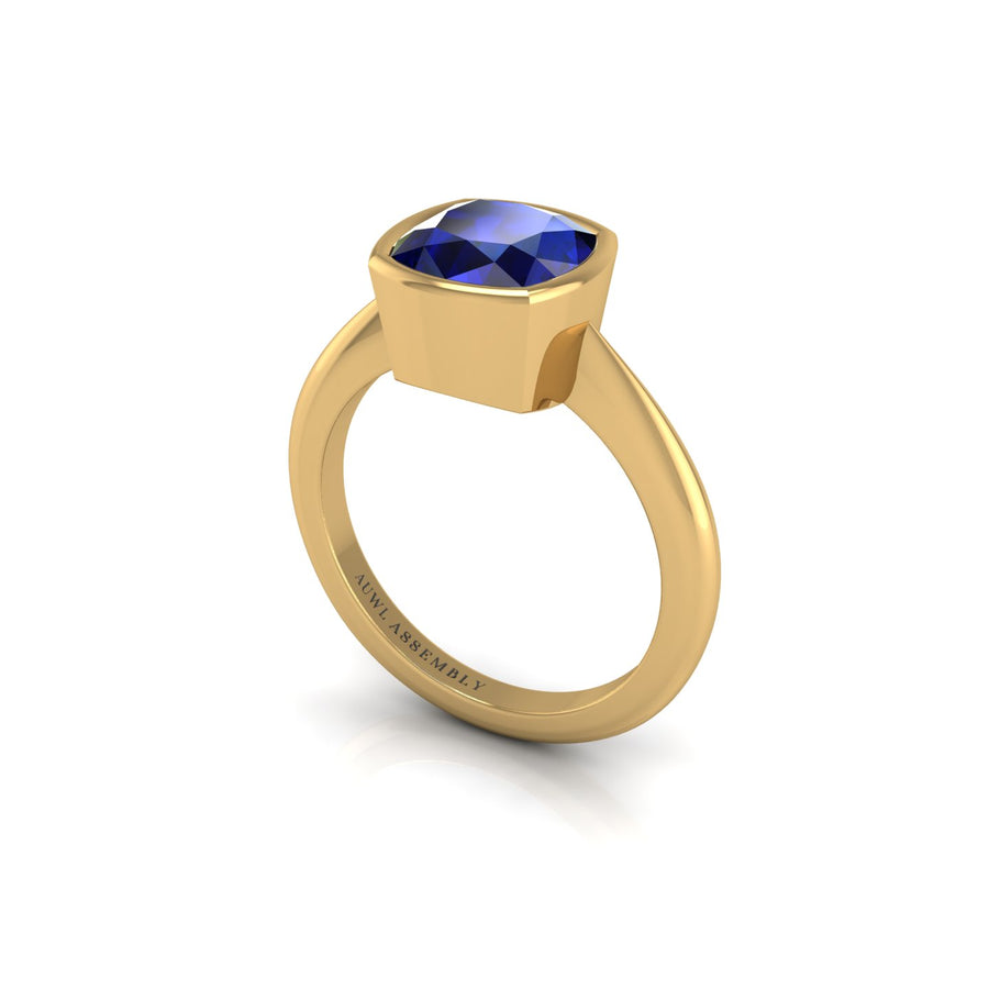  Gold blue sapphire cushion solitaire ring