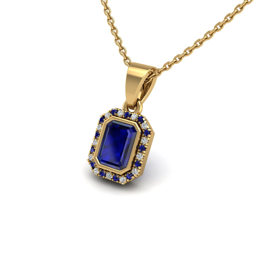 Gold blue sapphire emerald divine halo pendant