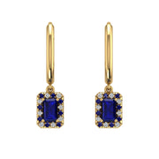 Gold blue sapphire emerald halo hoop earrings front view
