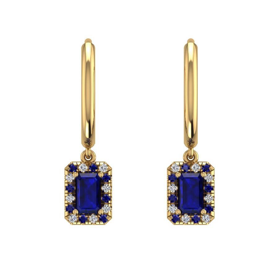 Gold blue sapphire emerald halo hoop earrings front view