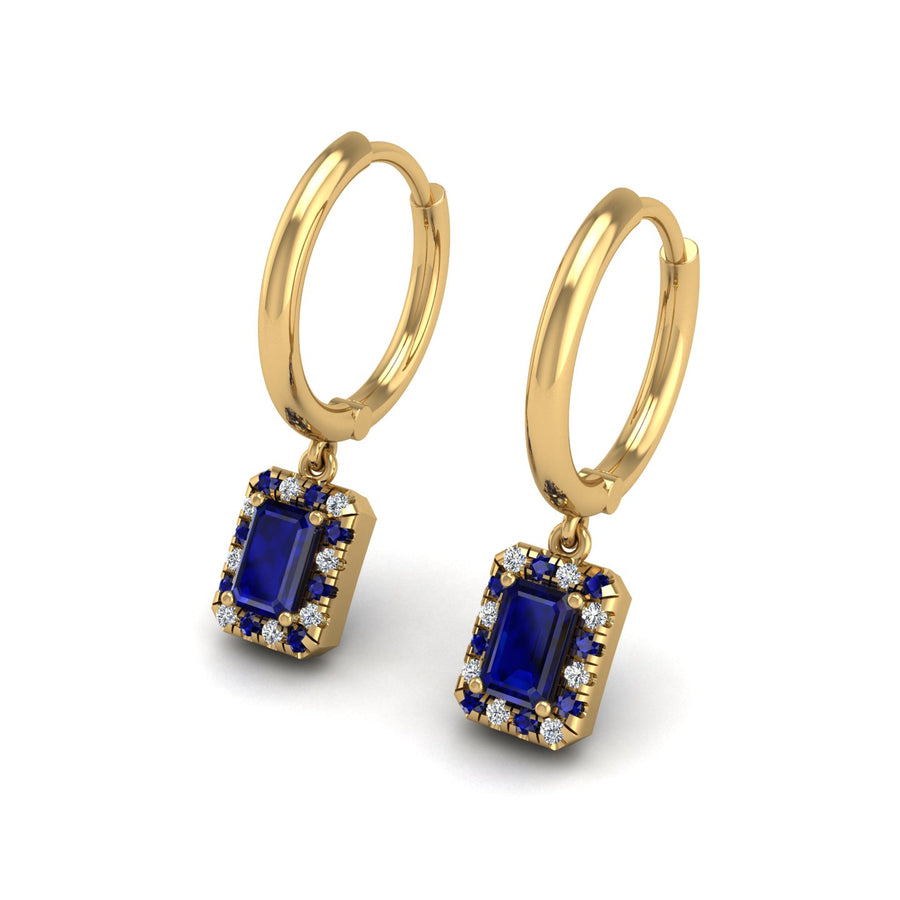 Gold blue sapphire emerald halo hoop earrings