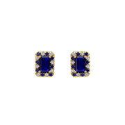 Gold blue sapphire emerald halo stud earrings front view