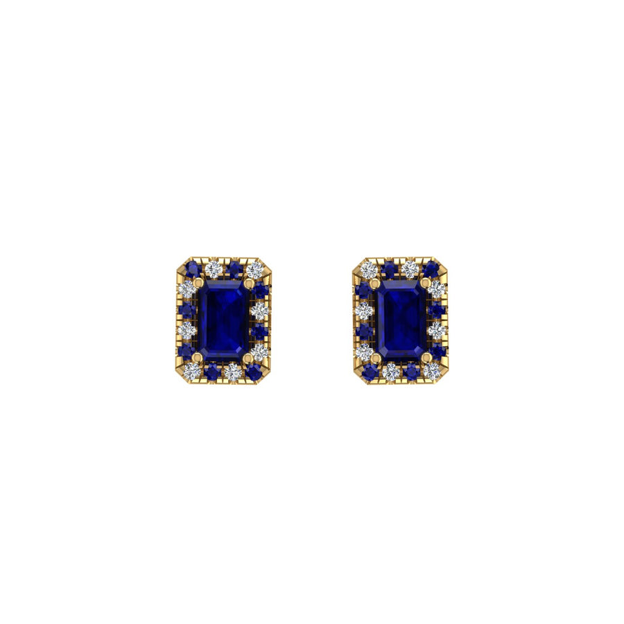 Gold blue sapphire emerald halo stud earrings front view