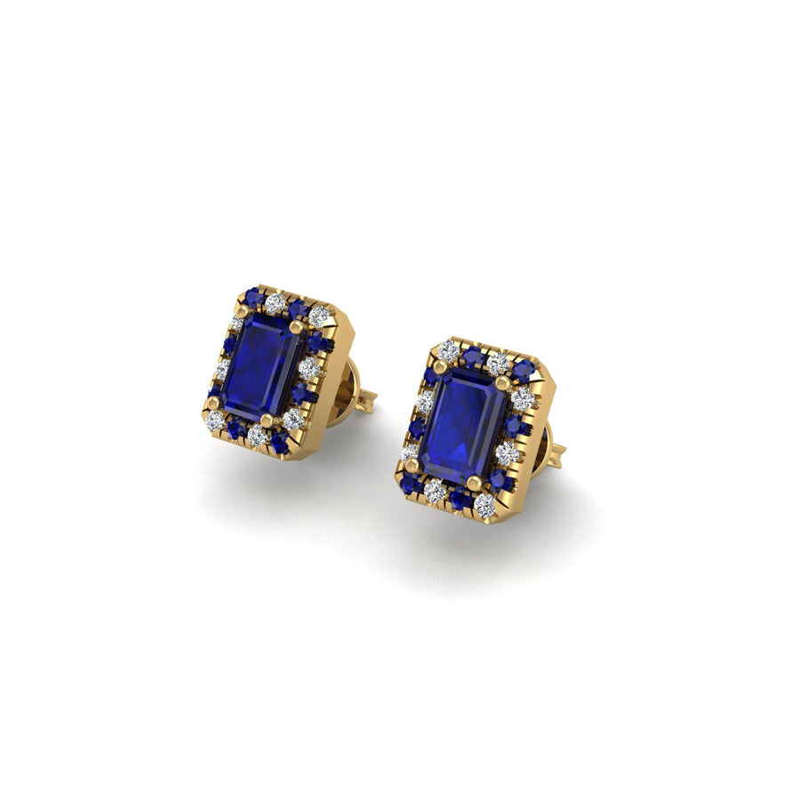 Gold blue sapphire emerald halo stud earrings